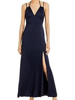 AQUA sz 4 S navy blue backless satin Aline formal party maxi dress gown NWT 0b9